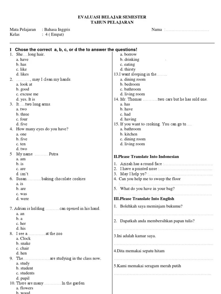 Soal Bahasa Inggris Kelas 4 Sd