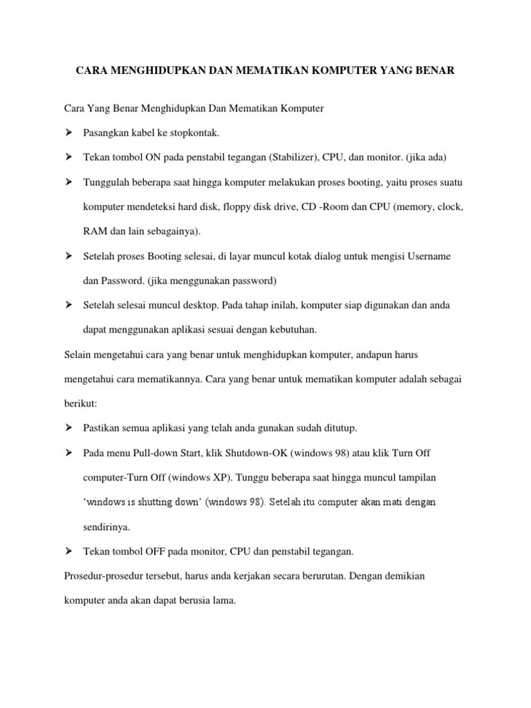 Cara Menghidupkan Dan Mematikan Komputer Yang Benar | PDF