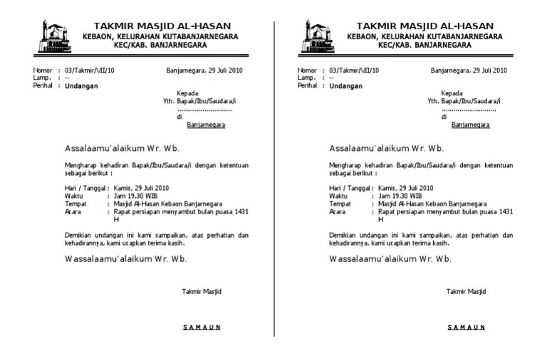 Contoh Surat Undangan Rapat Pembentukan Pengurus Masjid 18 Contoh