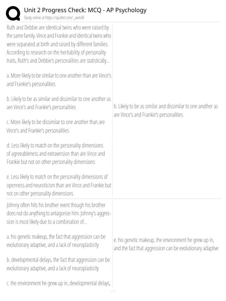 AP Psychology Unit 2 MCQ Progress Check PDF Neurotransmitter Neuron