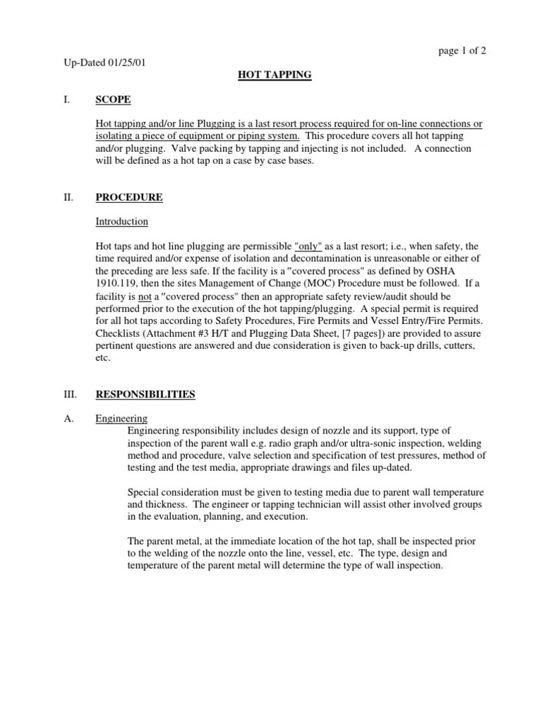 Hot Tap Procedure PDF Welding Construction