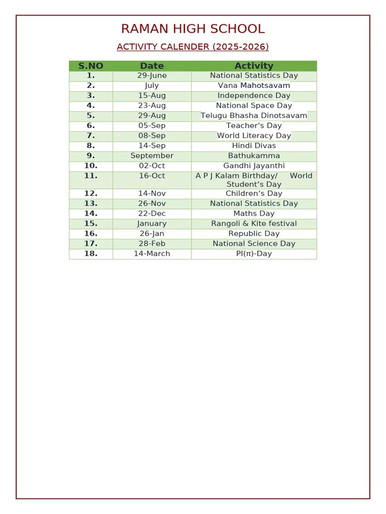Raman High School Activity Calendar 20252026 PDF