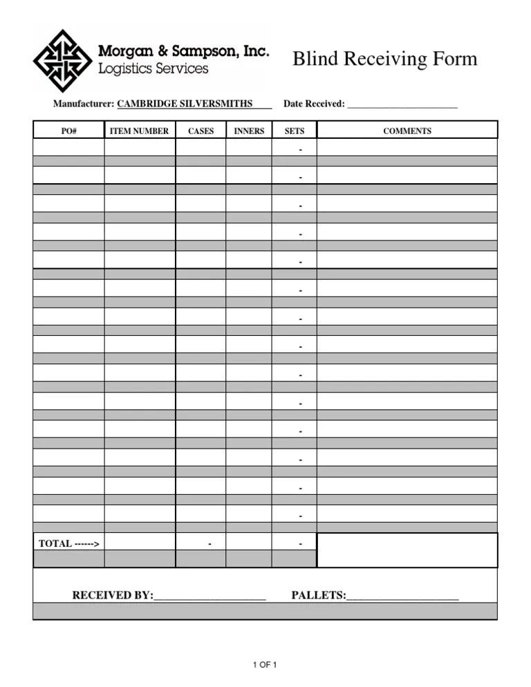 Blind Receiving Form Manufacturer CAMBRIDGE SILVERSMITHS Date