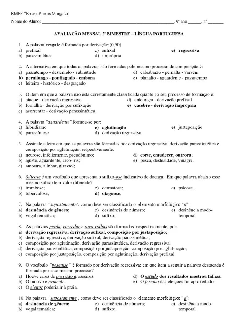 PROVA 2° BIMESTRE PROFESSOR