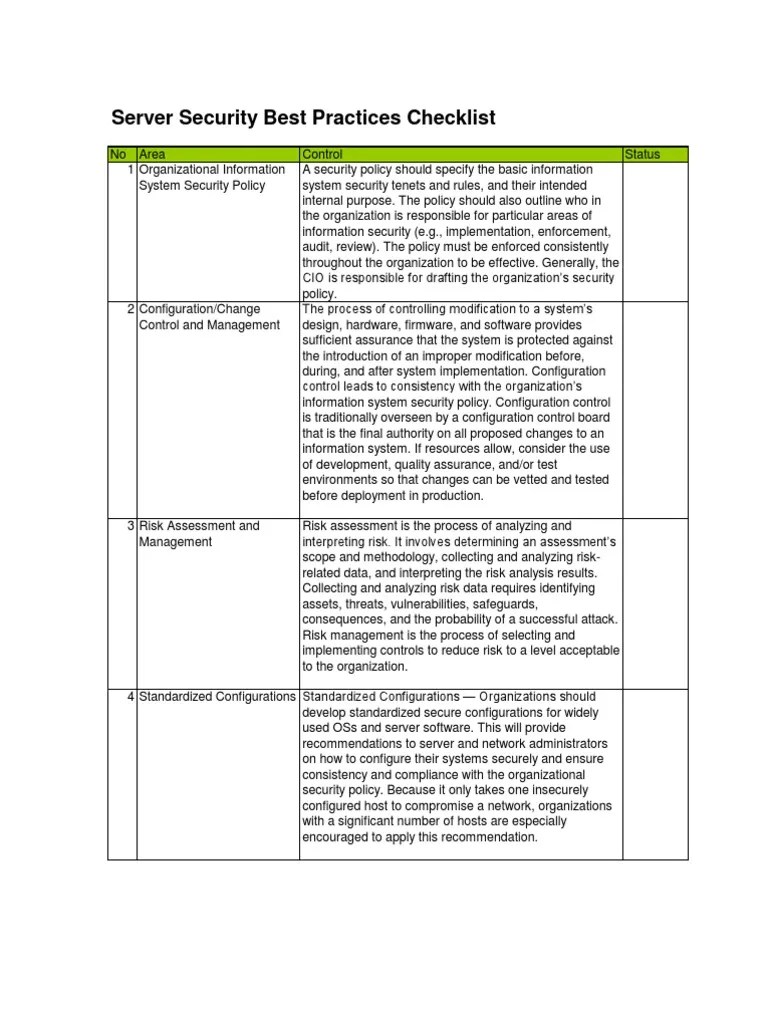 ISO27001 Server Security Best Practices Checklist Computer Security Security