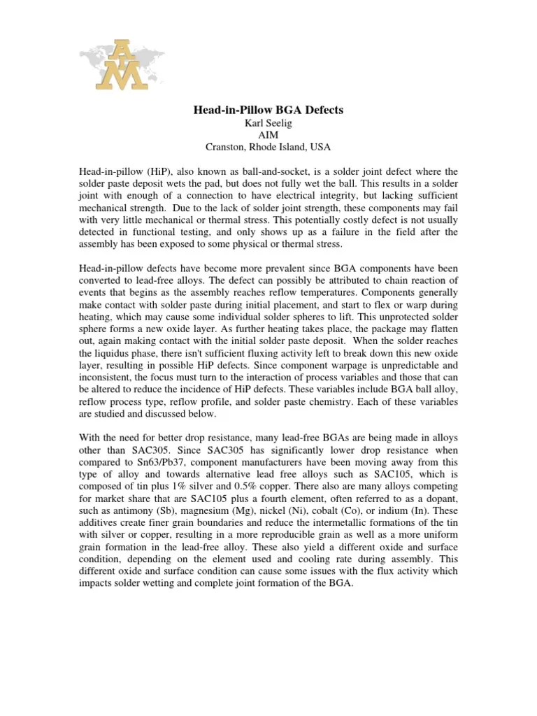 Head in Pillow BGA Defects Solder Soldering