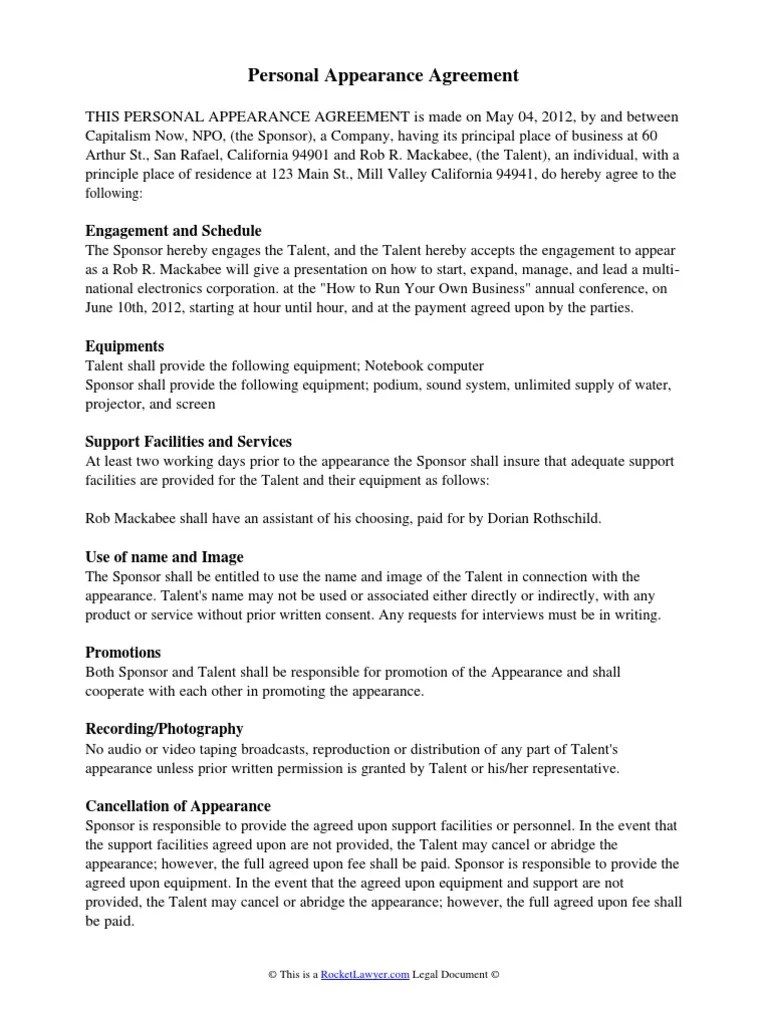 Personal Appearance Agreement Fee Attorney's Fee