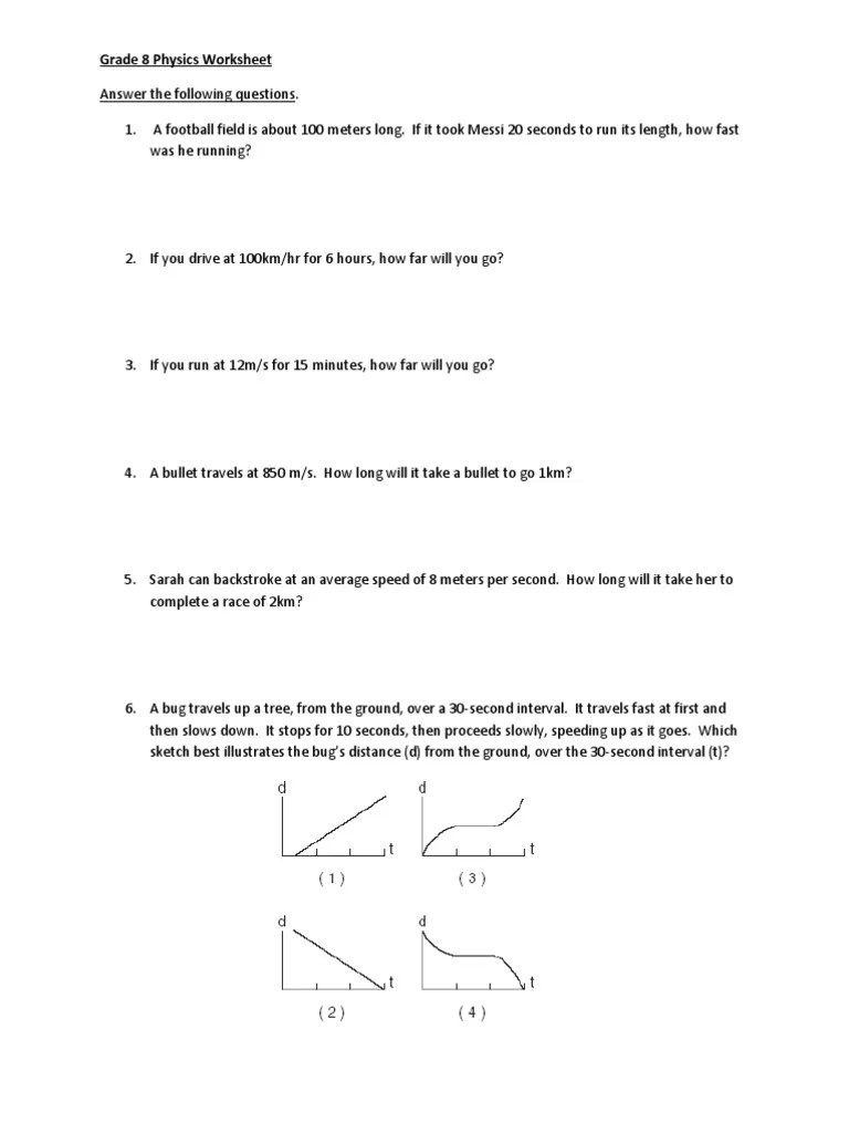 Grade 8 Physics Worksheet Speed Acceleration