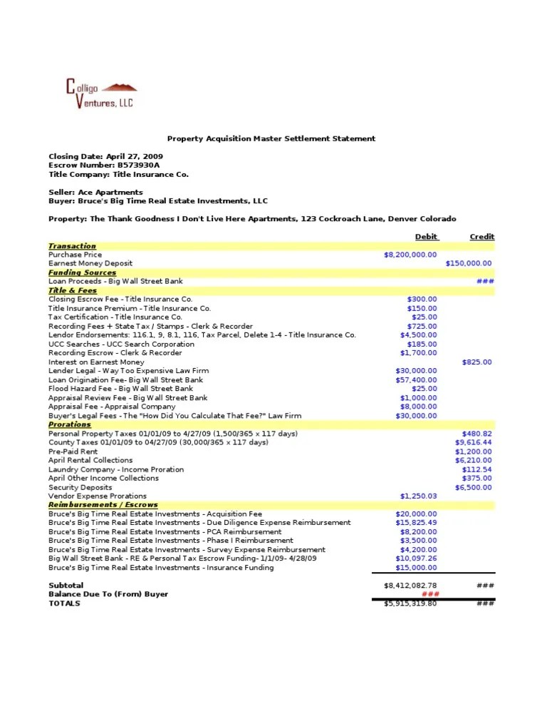 Property Acquisition Settlement Statement Example Title Insurance