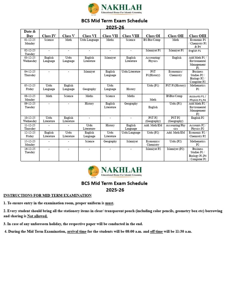 BCS Mid Term Exam Schedule 202526 PDF Mathematics Science