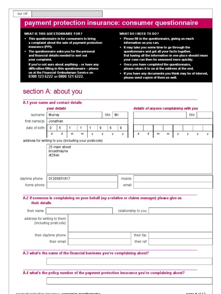 PPI Consumer Questionnaire Payment Protection Insurance Insurance