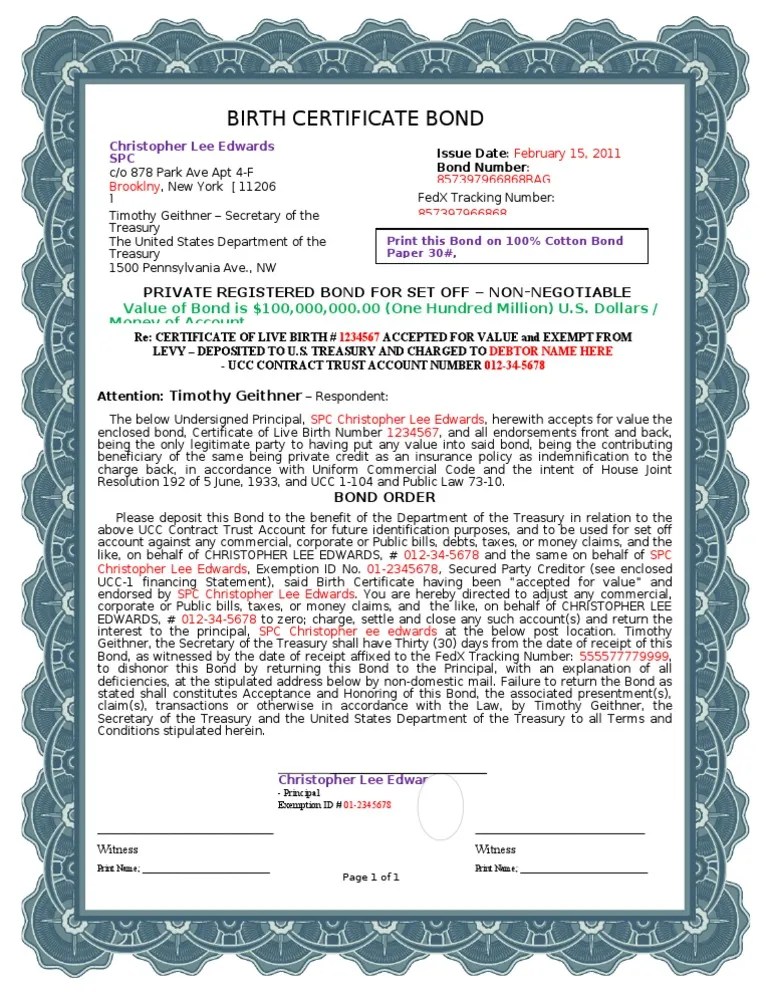 A1 Blue Border Birth Certificate Bond Uniform Commercial Code