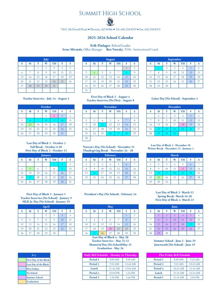Summit High School 20252026 Calendar PDF Observances