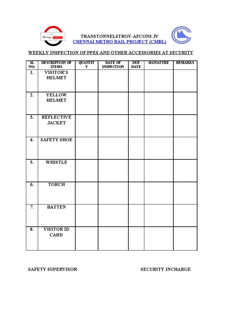 The safety inspections shouldn't begin onsite, they should begin up top. Weekly Ppe Inspection Checklist (244 views)