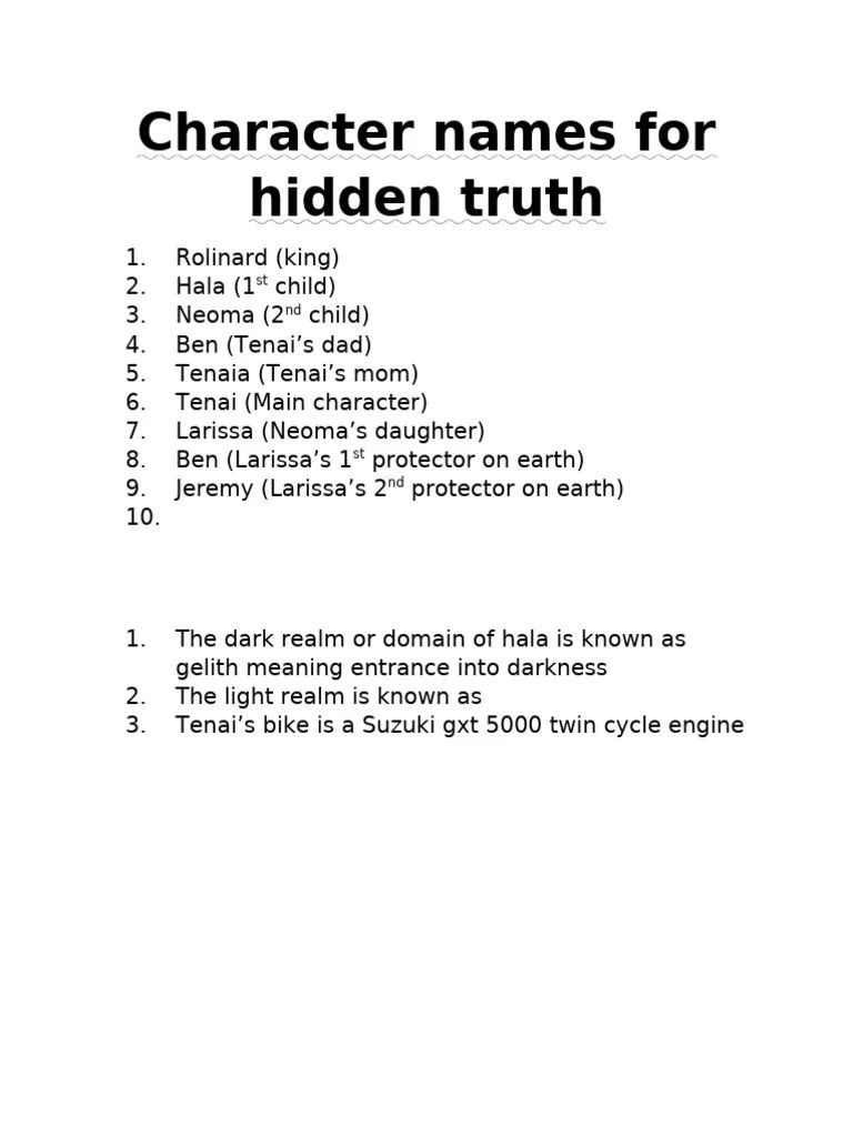 Character Names for Hidden Truth PDF