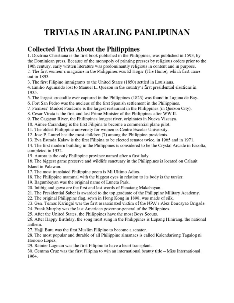 Trivias in Araling Panlipunan Philippines Government