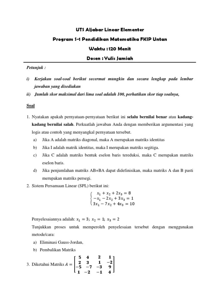 UTS Aljabar Linear Elementer | PDF