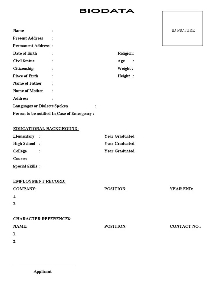 Check spelling or type a new query. Biodata Format