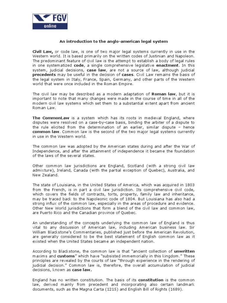 Introduction Anglo American Legal System Precedent Common Law