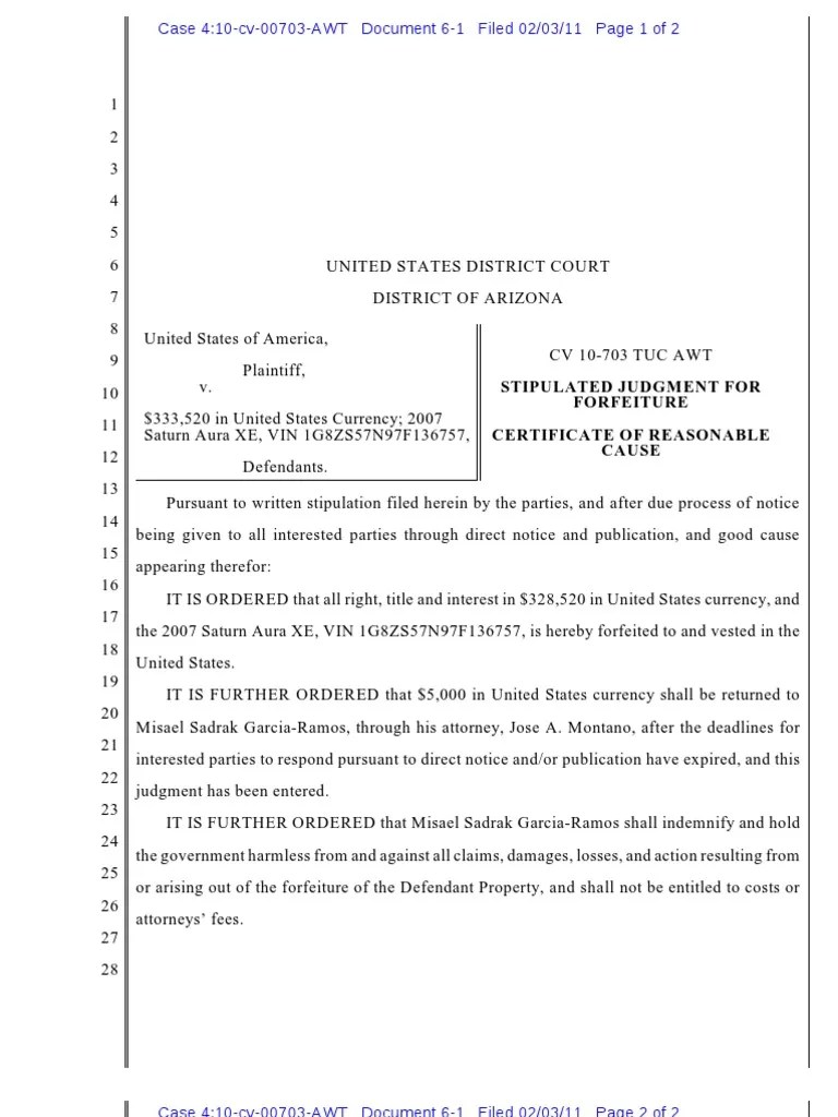 Proposed Order Stipulated Judgment for Forfeiture Asset Forfeiture