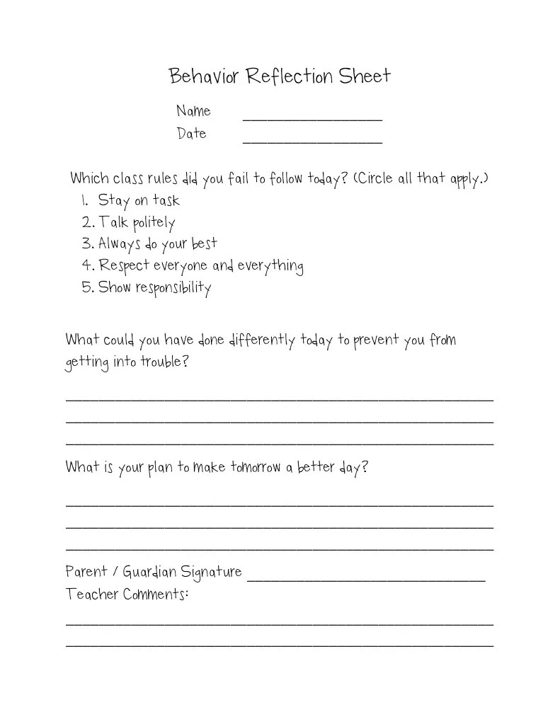 Behavior Reflection Sheet