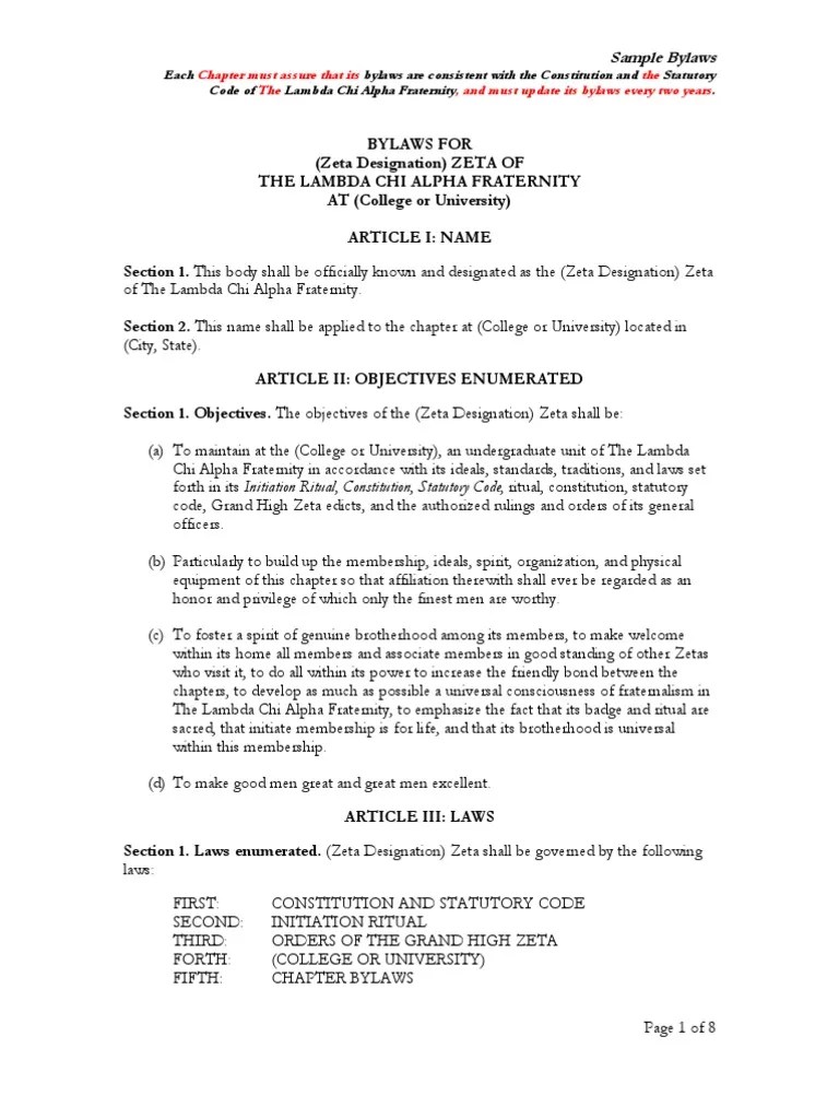 Sample Bylaws Fraternities And Sororities By Law