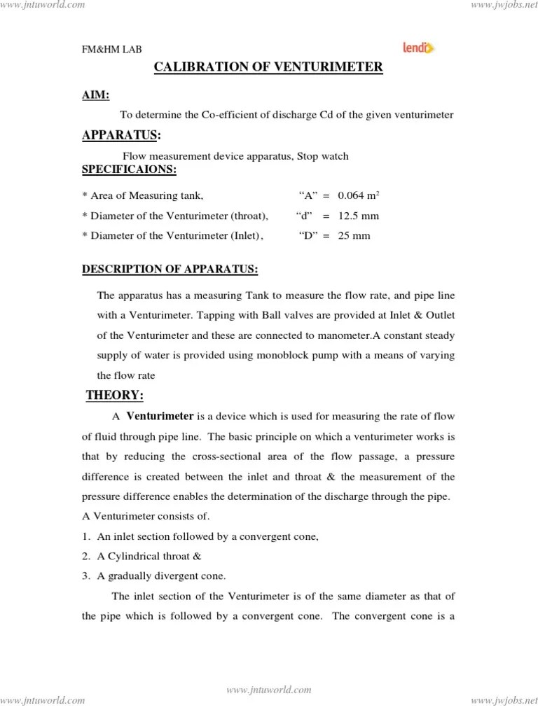 Calibration of Venturimeter PDF Pressure Pressure Measurement