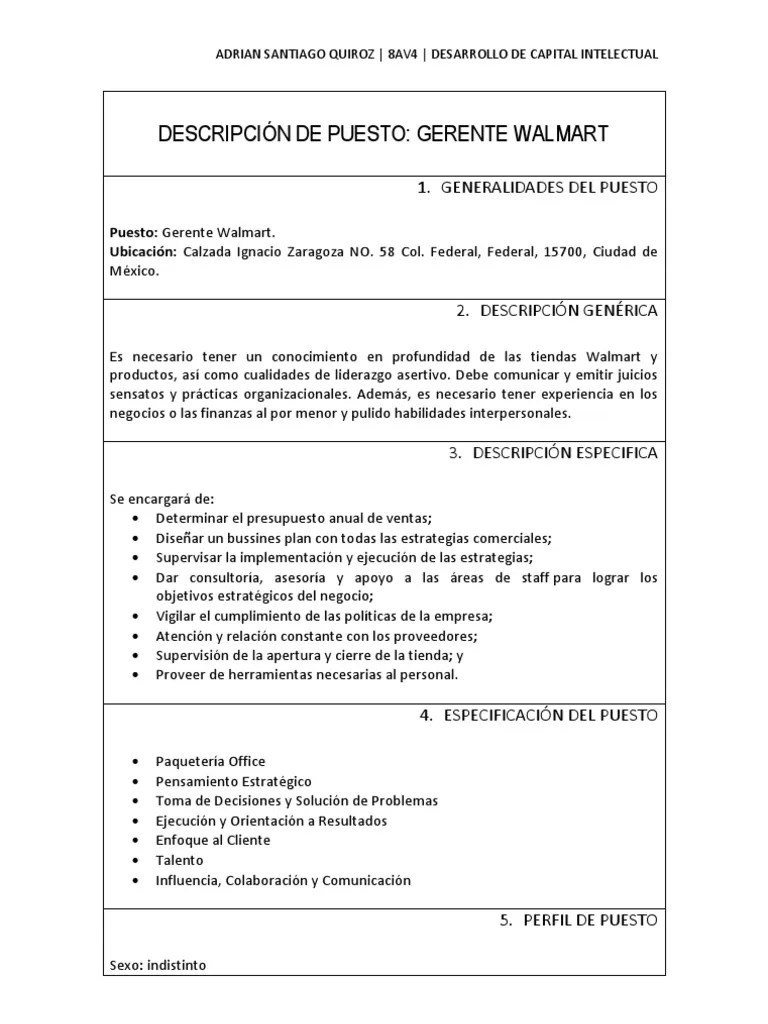 Descripcion, Perfil y Analisis de Puesto Gerente Walmart (1)