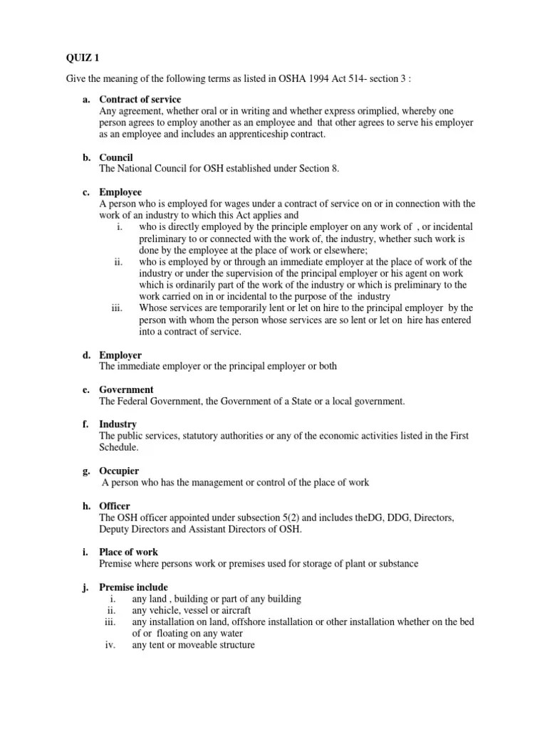 OSHA Quiz Employment Government