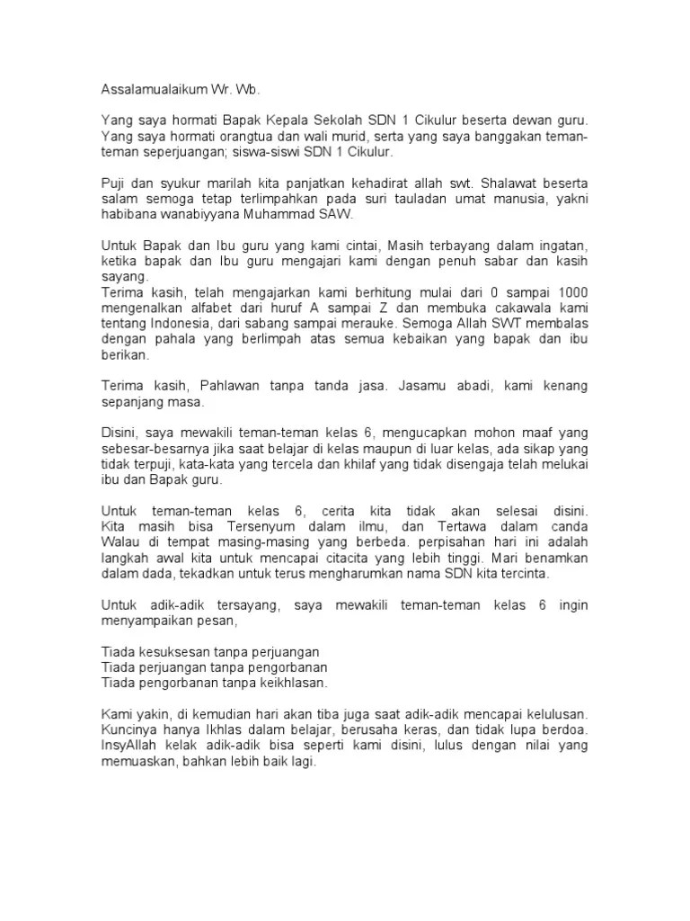 Teks Pidato Perpisahan Sd Kelas 6 Terkait Teks