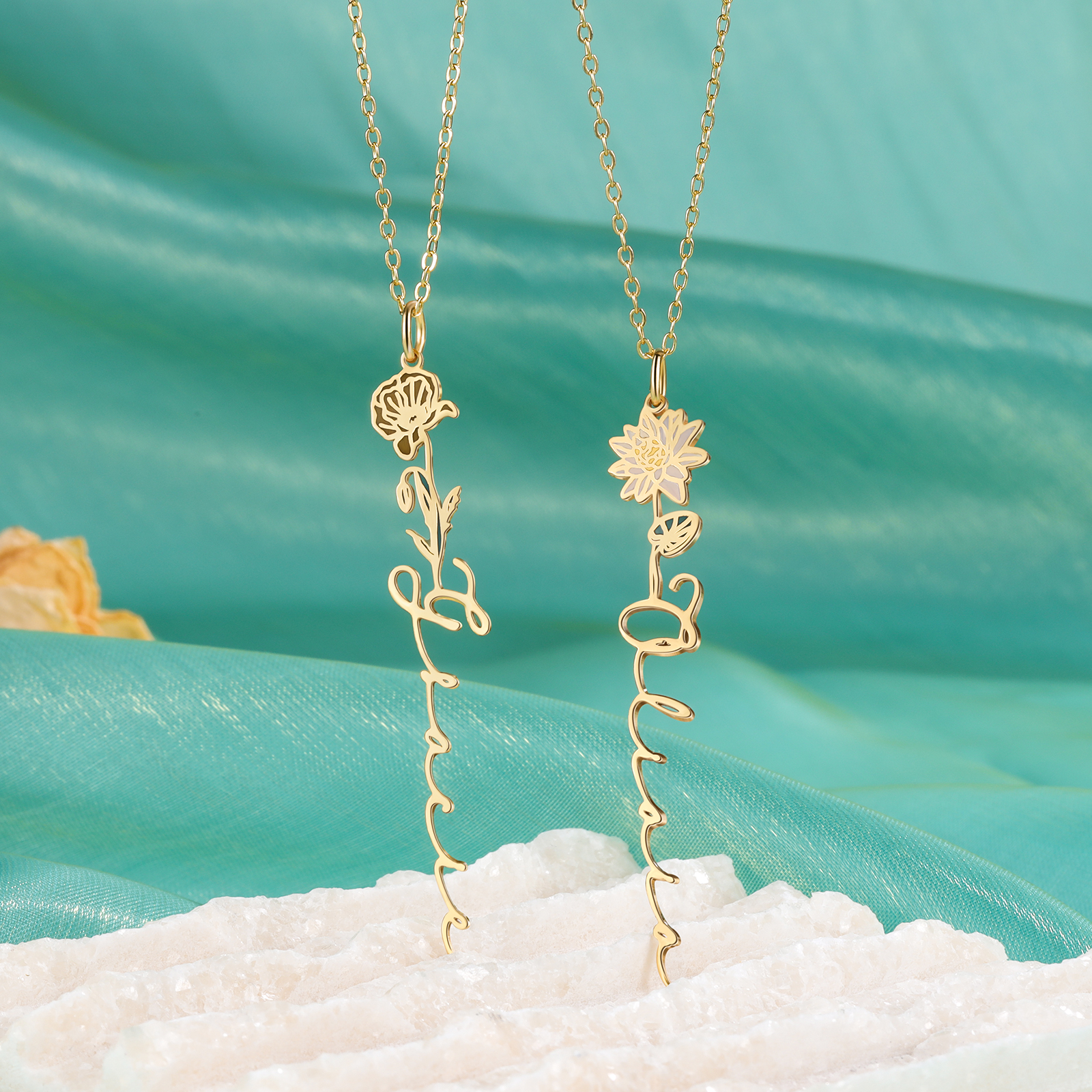 Water Lily Name Necklace Custom July Birth Flower Necklace for Her