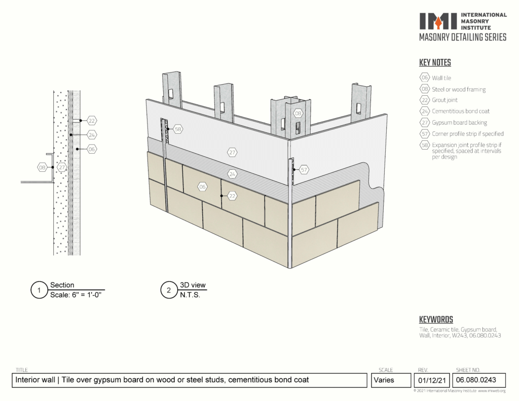06.080.0243 Interior wall Tile over gypsum board on wood or steel