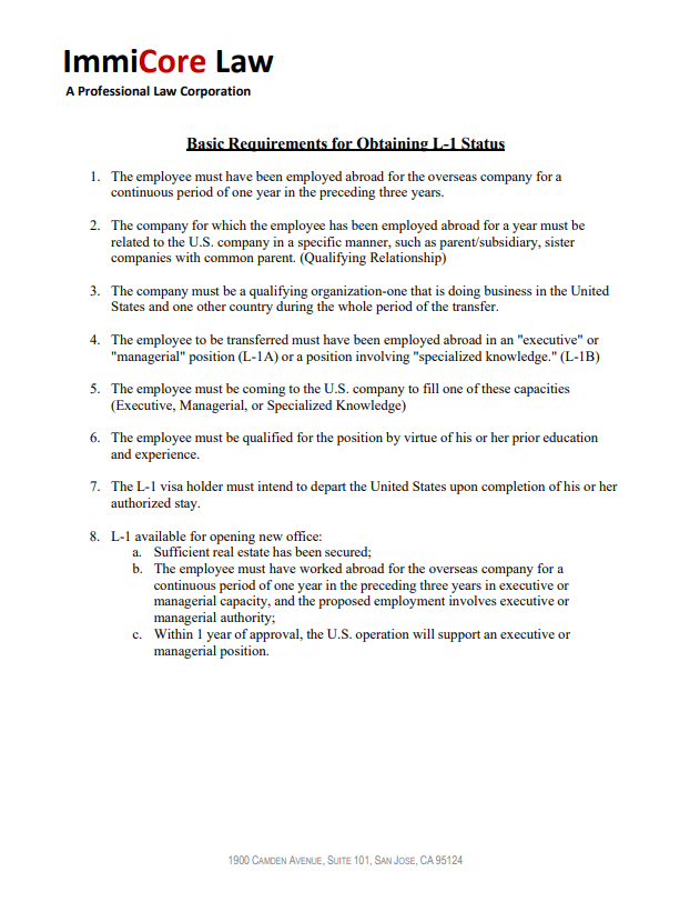 L1A Visa for executive or managerial level employees ImmiCore Law