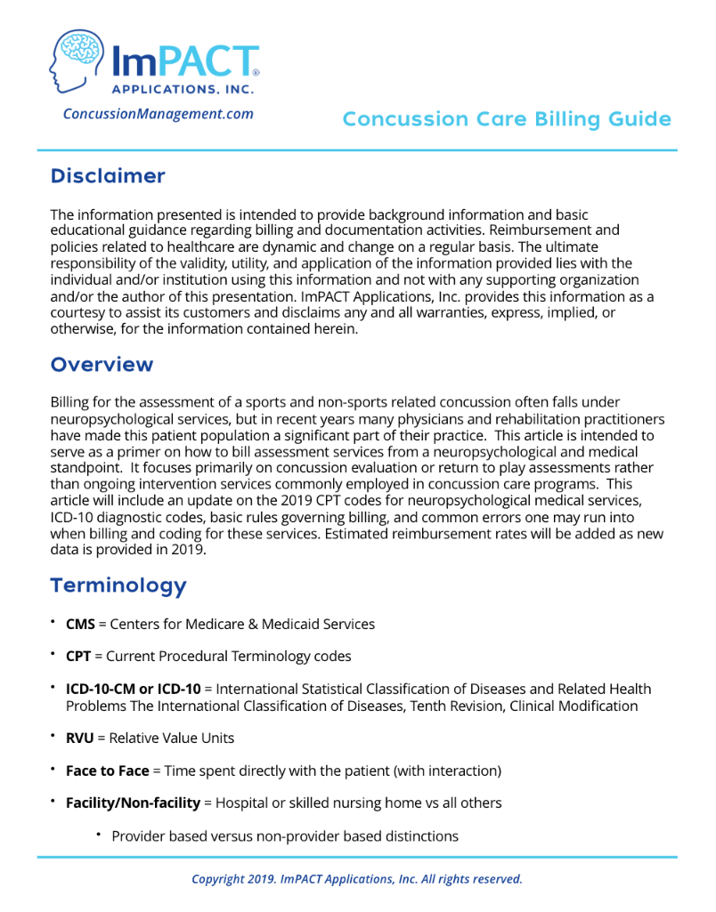 Billing Guide Concussion Care Management ImPACT Applications Inc.