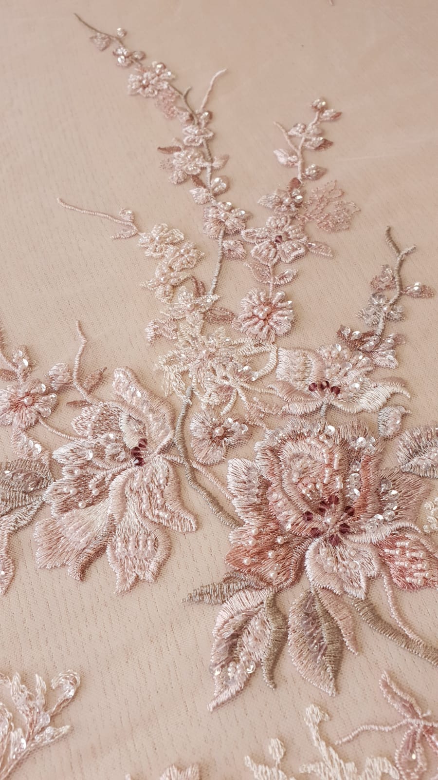 Pink beaded floral lace fabric 3D lace & embroidery lace fabric