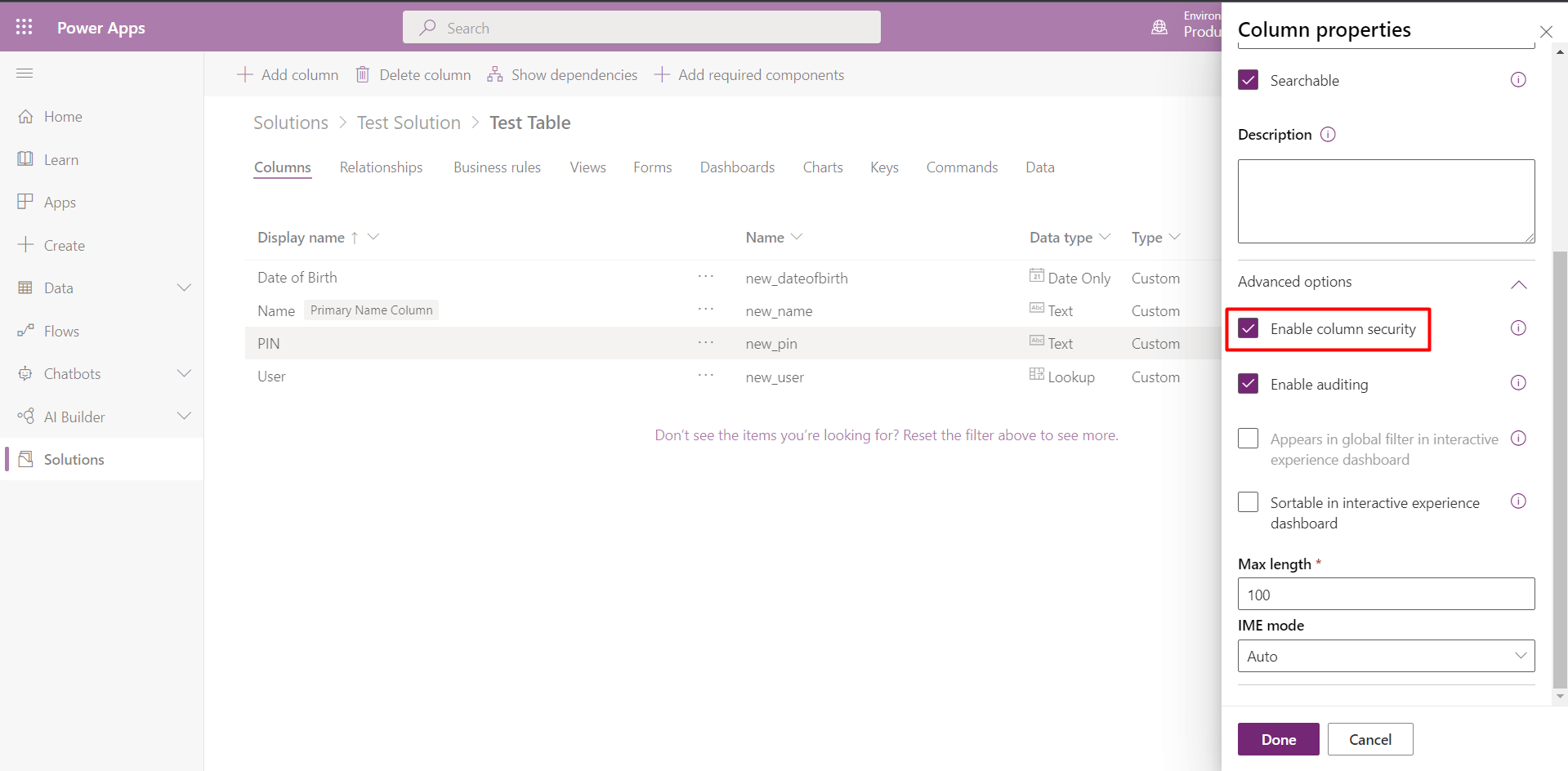 Fieldlevel security in Dataverse
