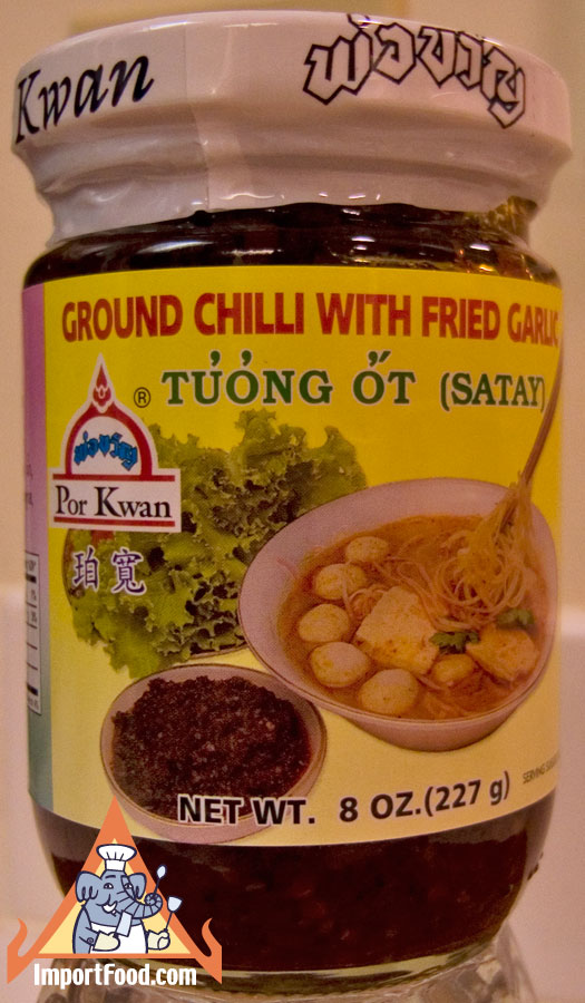Ground chile with fried garlic, Por Kwan brand 8 oz jar, available online from