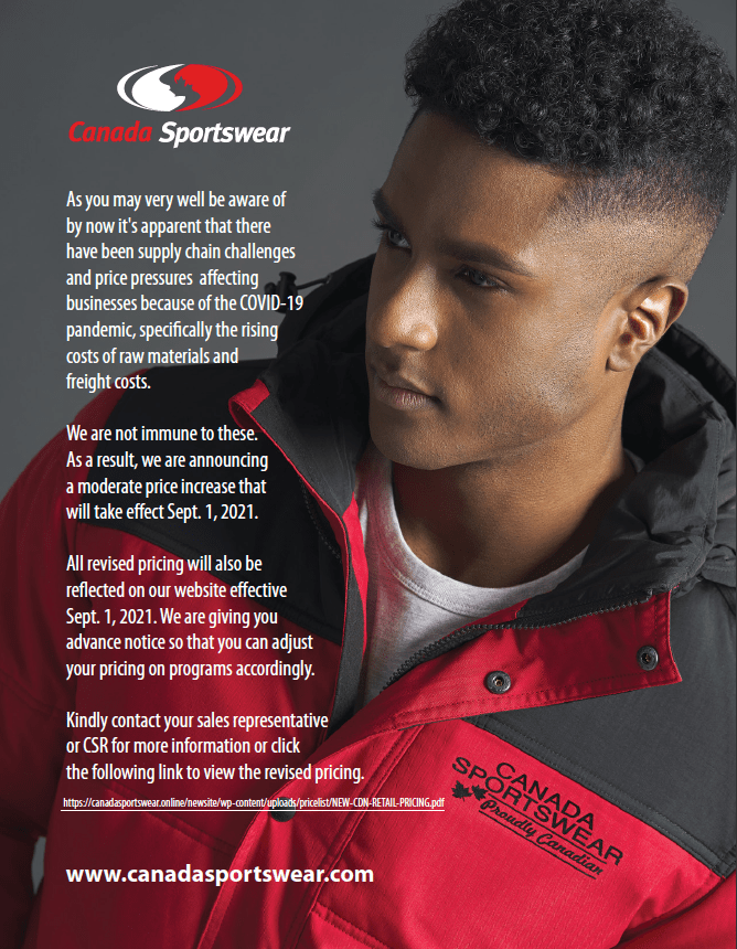 Canada Sportswear Announces New Price List Imprint Canada