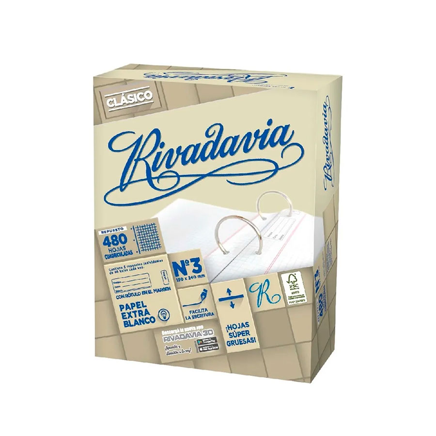 Repuesto de Hojas Clásico N°3 Familiar Cuadriculado 480 hjs Rivadavia