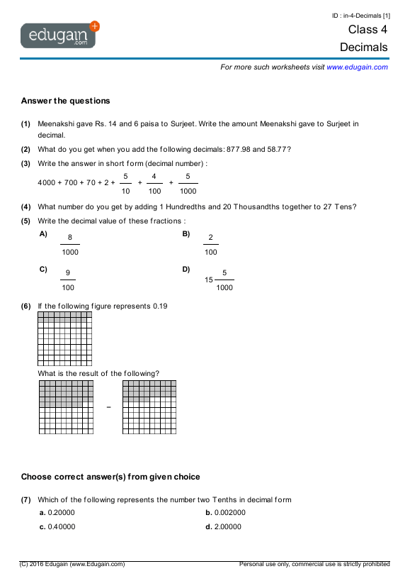 Class 4 Math Worksheets and Problems Decimals Edugain India