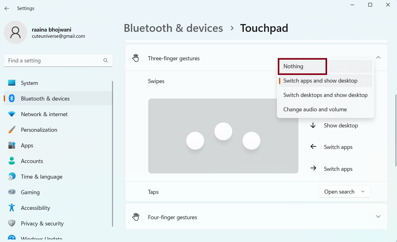 Disable Touchpad gestures in Windows 11