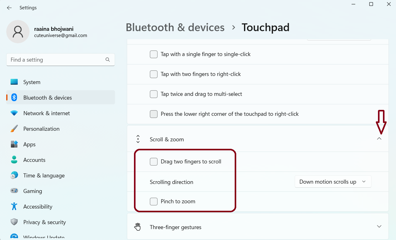 Disable Touchpad gestures in Windows 11