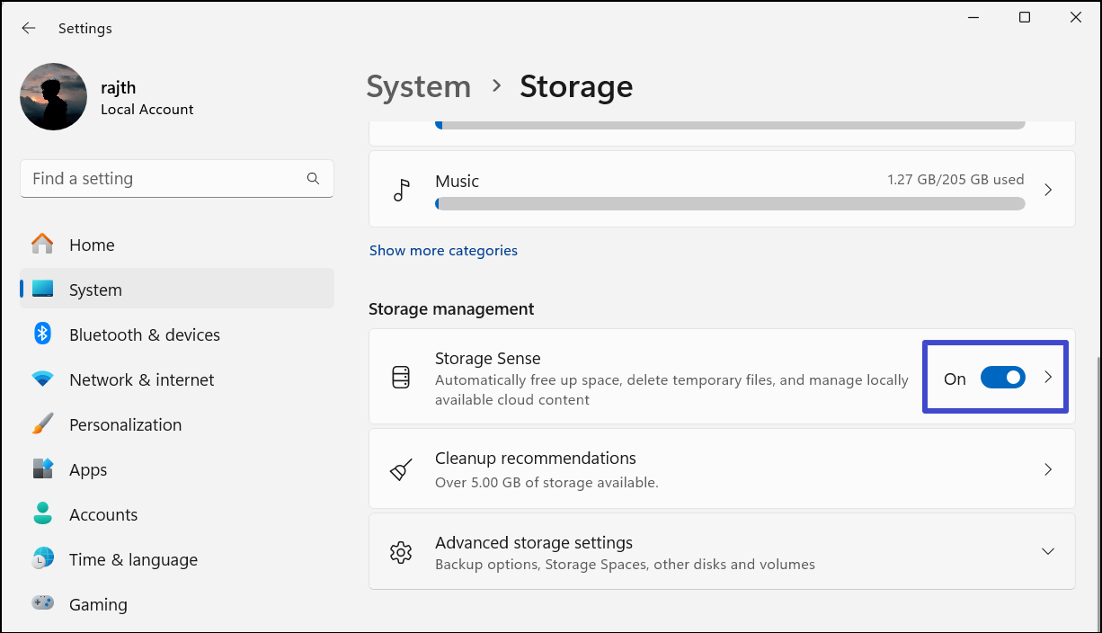 Verwenden Sie Storage Sense unter Windows 11, um automatisch
