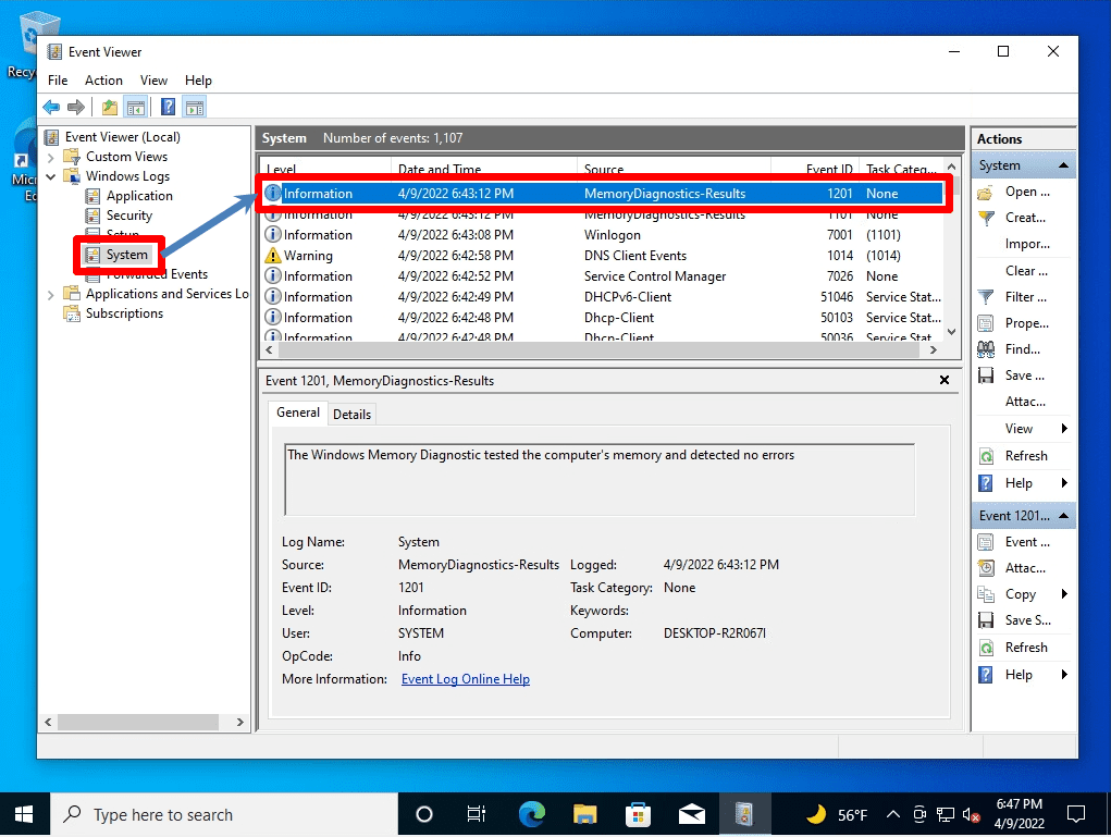 Windows10 PC：Windows Memory Diagnostic execution / log confirmation