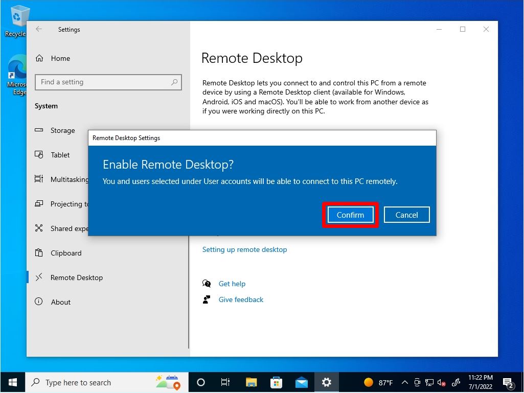 Windows10 Remote desktop connection permission setting Shima System
