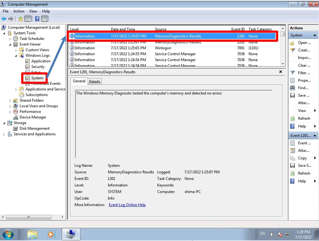 Windows7 PC：Windows Memory Diagnostic execution / log confirmation
