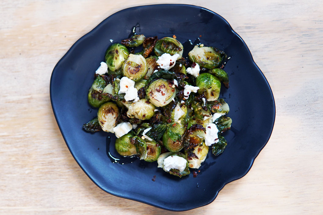 roasted brussel sprouts with goat cheese and chili honey inconsistent