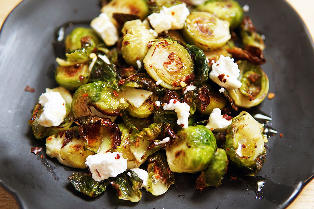roasted brussel sprouts with goat cheese and chili honey inconsistent
