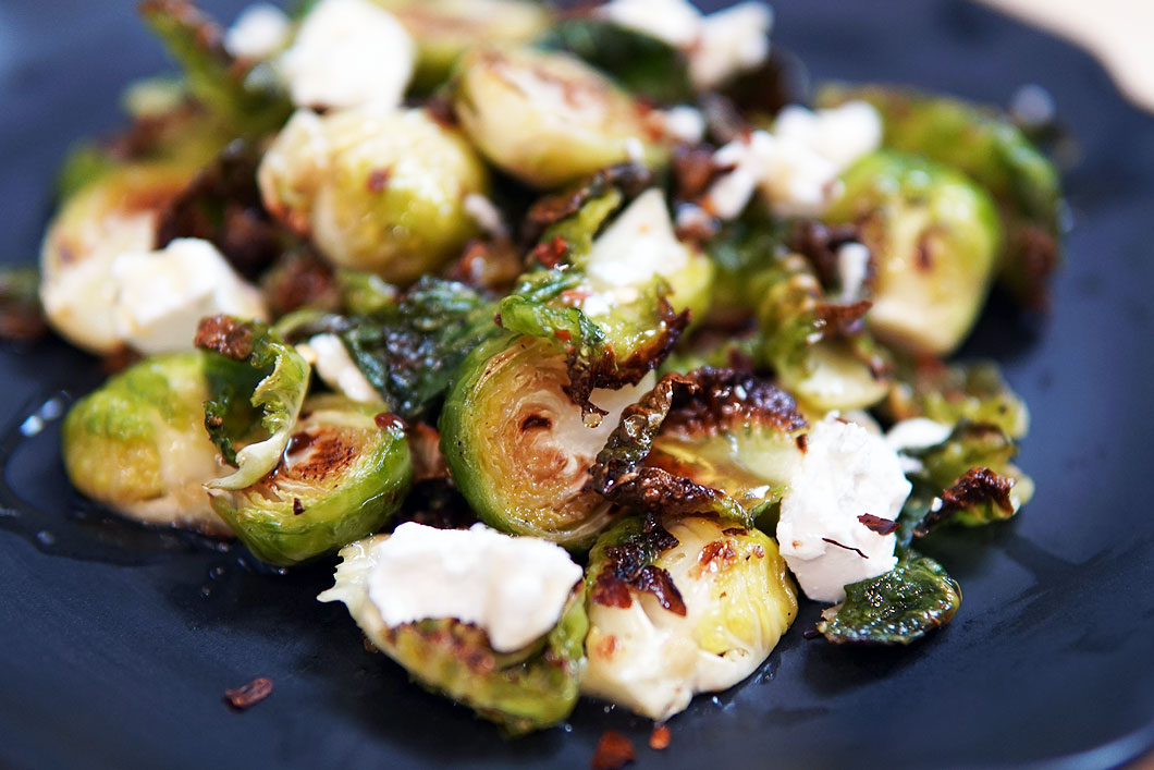 roasted brussel sprouts with goat cheese and chili honey inconsistent