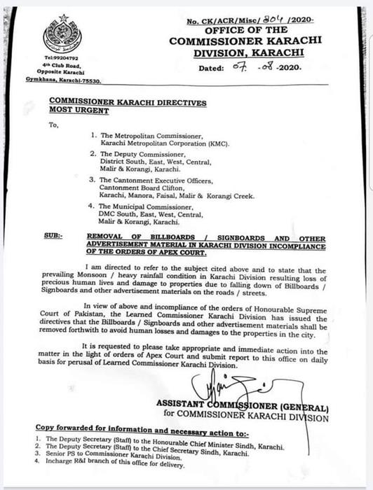 Commissioner Karachi directs removal of Billboards INCPak